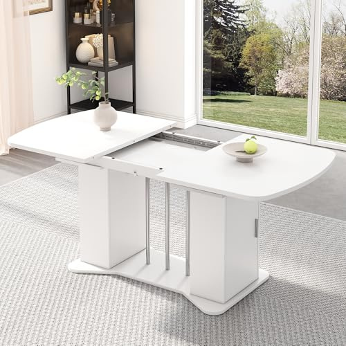Bladez Moderner Ausziehbarer Esstisch mit Stauraum, 120-160 cm x 80 cm, MDF in Weiß, Versilberte Metallbeine, multifunktionaler Küchentisch für 4-8 Personen, Esszimmer Tisch