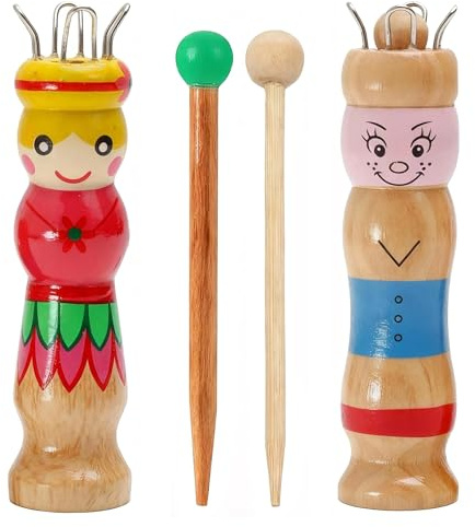 TMZELOA 2 Stück Strickliesel für Kinder, Strickliesel, Strickliesel mit 4 Haken, Holznadel Stricksusel aus Holz mit Holznadel und Strickgarn für Kinder Holz Stricknadeln Bastelset