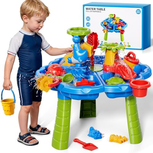 KukuFun Sand and Water Table for Toddlers 1-3, Kids Outdoor Activity Water Tables with Beach Fun Sand Toy, Summer Outside Toys Water Playset for Toddler Boys Girls Ages 2 3 4 5 6 7 8