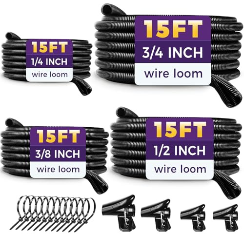 Automotive Wire Loom Flame Retardant Split Wire Loom Tubing Assortment Wiring Loom Kit Plastic Cover Electrical Covering Conduit Protective Wire Wrap Cable Sleeves Black 1/4, 1/2, 3/8, 3/4x 15 Ft