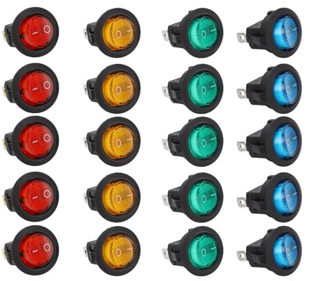 Sunicon 20 Stück LED-Licht-Wippschalter, rund, 3-polig, 2 Gänge, 20 mm, Auto-LED-Licht, Ein/Aus, Kippschalter, 12 V