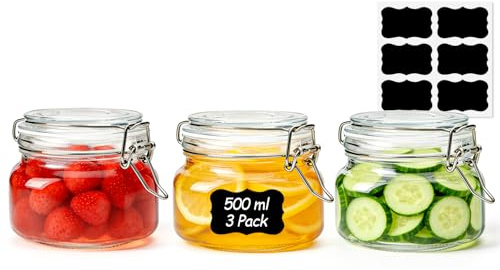 ComSaf 500ml Small Glass Jars with Clip Top Lids Airtight, 3 Pack, Square | Tea Coffee Sugar Canister Set for Kitchen Storage, Mini Mason Jars for Jam, Pickles, Canning, Snacks, & Pantry Organization