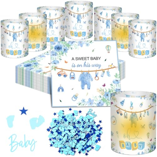 Babyparty Deko Junge, Tischdeko Set Blau mit Servietten und Konfetti | Babyparty Tischdeko Junge mit blauen Servietten, Baby Servietten und Konfetti für eine schöne Baby Party