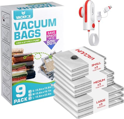 VACKFOX Travel Vacuum Bags with USB & TYPE C Pump,9 Pack Carry-On Size Vacuum Storage Bags for Luggage and Suitcase,Vacuum Luggage Bags,Space Saver for Clothes and Clothing Travel(Red)