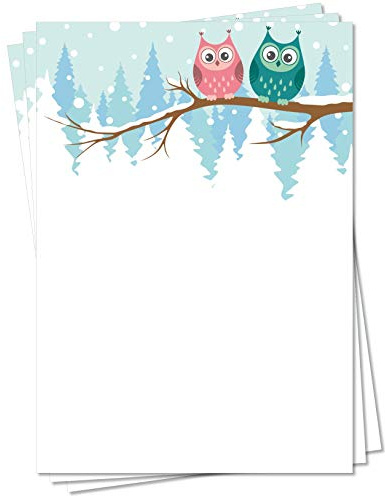 LYSCO Motiv Briefpapier (Eulen-5138, DIN A4, 25 Blatt) Motivpapier Eulenpapier, grüne rote Eulen im Winter Schnee sitzend auf einem Ast tief verschneit