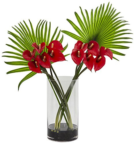Nearly Natural Calla Lily and Fan Palm Artificial Arrangement in Cylinder Glass Vase, Red