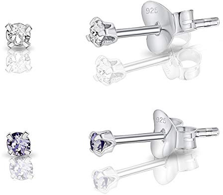 Set Orecchini Donna Argento 925 - Orecchini Punto Luce Argento 925 con Brillantini di Cristallo 2 mm - Orecchini Colorati - Orecchini a Perno - Orecchini a Lobo - Colore: Diamante + Lilla/Lavanda