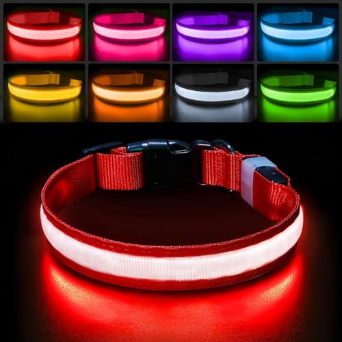 PcEoTllar Leuchthalsband Aufladbar, Einstellbar für Hunde, Rot-L | LED Halsband mit 7 Farben & Blinkmodi. Aufladbar, wasserdicht & verstellbar für kleine bis große Hunde.