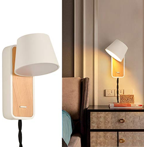 Moderne Wandleuchte mit Steckerkabel für Schlafzimmer, Flur, Wohnzimmer, moderne Innenbeleuchtung, drehbare nordische Nachttisch-Leseleuchten, Up-Down-Wandleuchten aus weißem Holz mit Schalter