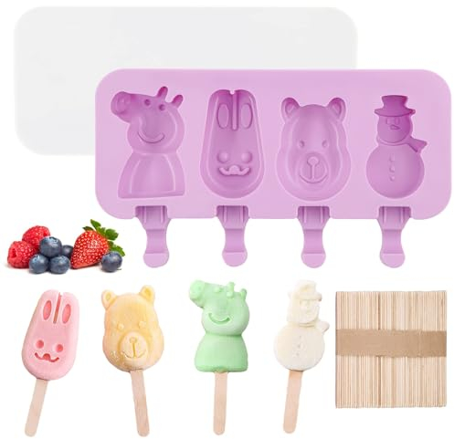 Molde Helados, Molde Helado Silicona 4 Cavidades Con 50 Palos Madera, Juego de Moldes para Polos con Tapas, DIY Popsicle Mold, Sin BPA, Moldes Paletas para Postre, Chocolate, Bricolaje