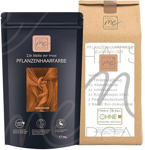 Thats me Organic® Profi Pflanzenhaarfarbe + Zubehörset (warm tizian red) – Bio Haarfarbe ohne Chemie – Haarfarbe für gesundes Haarefärben auch während Schwangerschaft und Stillzeit