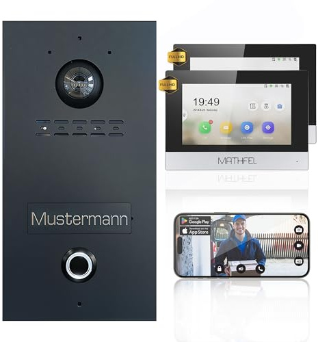 MATHFEL IP Video Türsprechanlage in Anthrazit mit Einer personalisierten Gravur, Unterputz-Türstation IP65, 7''Monitor, HD-Kamera 170°: 2x7'' Monitor