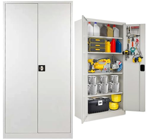 Horison Industries Lockable Metal Storage Cabinet, 4 Shelf, 1950x1200x420mm | Grey Storage Cabinet, Metal Cabinets Tall Cupboard with Shelves & Doors Tall Cupboards for Home Office Garage