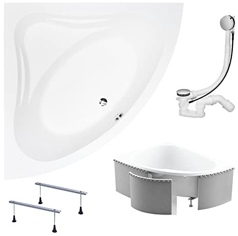 KOLMAN Badewanne MIA Eckbadewanne 140x140 mit Styroporverkleidung, Ablaufgarnitur und Füßen Komplettset 4in1 Premium Original Acryl Wanne Siphon