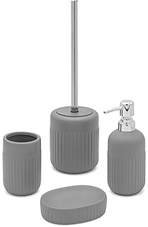 Inbagno Set Bagno Accessori Completo – 4 Pezzi, Kit Accessori appoggio Grigio, Include Dispenser, portaspazzolini, portasapone e scopino WC, Linea Cup