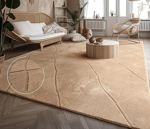Paco Home Teppich Wohnzimmer Schlafzimmer Kurzflor Modernes Skandinavisches Muster Rauten Motiv Flauschig 3D Grau Anthrazit, Grösse:160x220 cm, Farbe:Beige 2