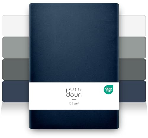 puredown Juego de 2 Sábana Bajera Ajustable Premium, Sabana para Cama 80/90x190/200 cm, hasta 25 cm de Grosor, 120gsm Microfibra Cepillada Transpirable, Oeko-Tex, Azul Oscuro