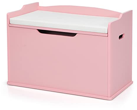 GYMAX Wooden Toy Box, 2 in 1 Kids Storage Chest with Lid, Seating Cushion, Safety Hinges & Groove Handle, Children White Bench for Boys Girls (Pink)
