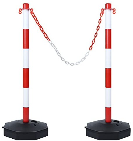 UISEBRT 2 Stück Absperrpfosten Kettenpfosten aus Kunststoff mit 2 Absperrketten von 140cm, Sperrpfosten mit Standfuß 82 x 28 x 28cm, für Verkehrskontrolle Warnung, Rot und Weiß