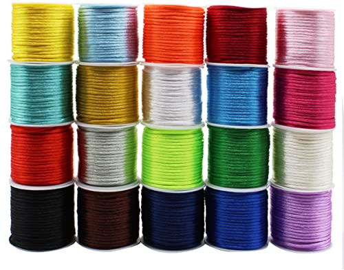 Dortrue Cordoncino di nylon satinato, 2 mm x 400 metri, 20 colori a coda di topo, per braccialetti dell'amicizia, collane, creazione di gioielli, nodi cinesi, arti e mestieri