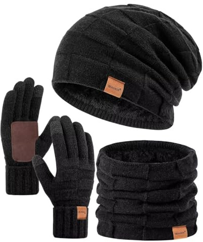 Winuesa Mütze, Schal & Handschuh-Sets für Damen Herren, Slouchy Beanie Mütze Herren Winter Strickmütze Touchscreen Handschuhe Schal Halswärmer Schlauchschal Geschenk set
