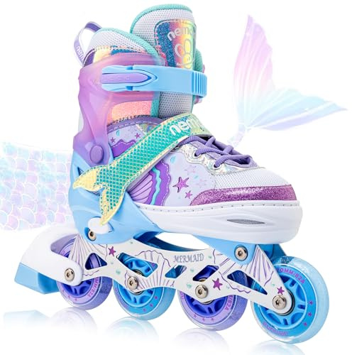 NEMONE Mermaid 4 Size Adjustable Inline Skates for Girls, Purple Blue for Kids Youth, Beginner Skates Indoor Outdoor