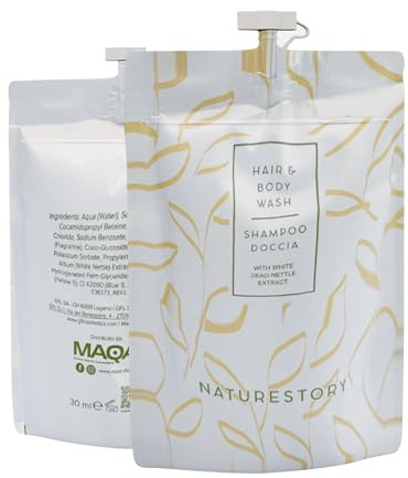 MAQA 200 pcs Shampoing douche unidose doypack 30 ml, shampoing douche aux extraits d'ortie blanche, sachets de shampoing douche hôtel ligne de courtoisie pour chambres d'hôtes