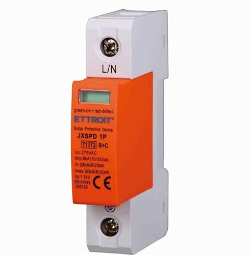 220 V överspänningsskydd typ 1 och typ 2, 1P T1+T2 B+C 275V 8KA 25KA med 1 pol, upptar 1 DIN-modul, skyddar mot blixtnedslag och spänningsspikar