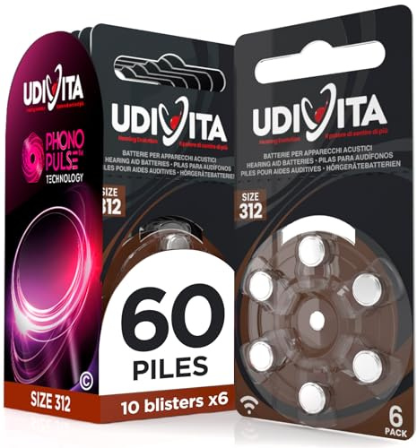 60 Piles pour appareils auditifs Udivita Taille 312. - 10 blisters avec 6 Piles