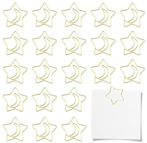 80 Stück Stern-Büroklammern, dekorative Büroklammern, kreative Metall-Mond- und Stern-Form, Büroklammern, lustige niedliche Büroklammern, goldfarbene Mondstern-förmige Büroklammern, Lesezeichen für