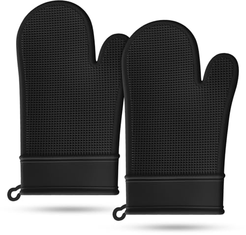 Grip - Juego de guantes de horno de silicona resistentes al calor y antideslizantes, impermeables, sin BPA, guantes de horno antideslizantes para cocinar, barbacoa, cocina, paquete de 2 (negro)