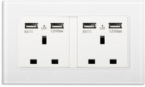LVE White Double Outlet with 4 USB Ports & Glass Panel, 250V 13 Amps Wather-proof UK Wall Plug with LED Indicator for Home/Office