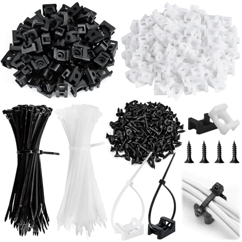 TTYSHIP® 200 Stück Kabelhalter Schraubbar, Schraubsockel für Kabelbinder | 200 Kabelbinder + 200 Schraubsockel, Nylon, Satteltyp Kabelbinder Halter für Kabelmanagement Hause, Büro, Schwarz+Weiß