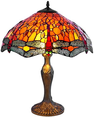 Loxton Lighting Large Classic Orange Dragonfly Tiffany Stained Glass Table Lamp - 16 inch Diameter - Great for Living Rooms, Hallways, and Bedrooms