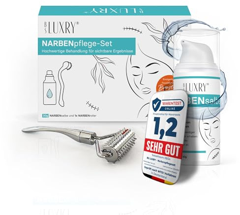 BS Luxry® Narbenpflege-Set – 30 g Narbensalbe & kühlbarer Narbenroller – 3-fach Pflegewirkung zur intensiven Narbenpflege & Hautglättung – Für Narben, Dehnungsstreifen & empfindliche Haut