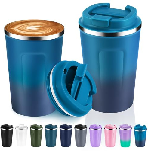 Volhoply 360ml 12oz Double Wall Insulated Vacuum Travel Coffee Mugs with Flip Lid Bulk 2 Pack,Reusable Stainless Steel Leak Proof Coffee Cup,Thermal Tumbler for Cold & Hot Drinks(Dark Night,2 Set)
