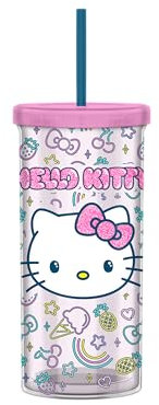 Silver Buffalo Hello Kitty, bicchiere alto in plastica con motivo a frutta e glitter, 590 ml, con coperchio e cannuccia