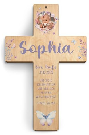 Kartenmachen.de Foto Taufkreuz personalisiert aus Holz Taufgeschenk Mädchen Junge 13x20cm - Schmetterlinge - Birkenholz Look