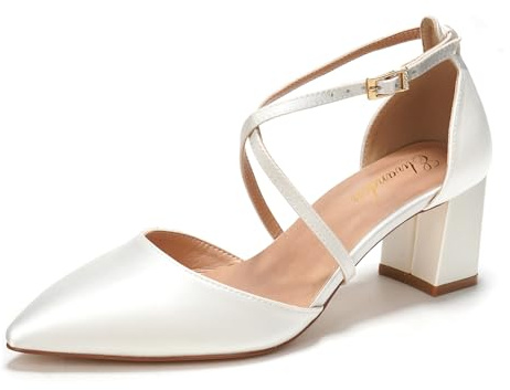 Elivandon J1586 Pour Femme Satin Pointe Effilée Talon Moyen Soirée Sandales 6cm Carré Talon Nuptiale Fête Mariage Escarpins Avec Longue Bride Couleur Ivoire,Taille 40 EU (6.5 UK)