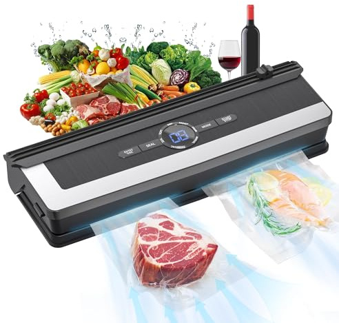 Vacuum Sealer Machine, 85KPA Automatic Food Sealer for UK Kitchen, 5-in-1 Dry & Wet Food Vacuum Sealer with Built-in Cutter, Includes 5 Vacuum Bags, Longer Food Freshness for Household & Camping