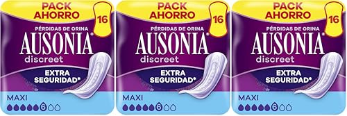 Ausonia Discreet Compresas Noche Incontinencia Mujer, Maxi, 16 Unidades, Protección Completa que Apenas Notarás (Paquete de 3)