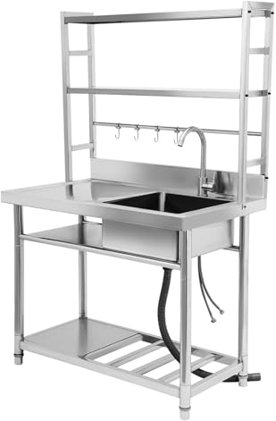 Levkitch Cucina con Tavolo in Acciaio Inox,1 vasca Lavandino, Piano di Lavoro con Rubinetto e piano di lavoro e ripiani e ganci a più piani profondità 50cm altezza 160cm (bacino destro)