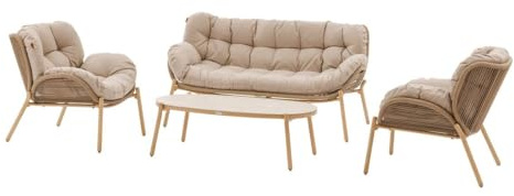 HESPERIDE – Salon de Jardin Meloane 5 Places Beige – Acier Epoxy Anti-Rouille, Résine Tressée et Coussins Polyester Déperlant – Canapé 3 Places, 2 Fauteuils, Table Basse Plateau Pierre Sintérisée