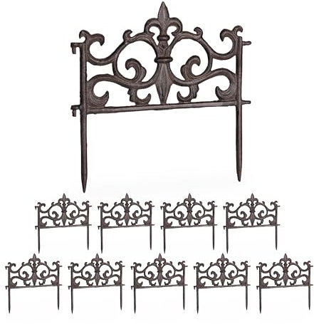 Relaxdays Bordo per Aiuole, Set 10 Recinzioni in Ghisa per Prato in Giardino, HxL: 27x27 cm, Bordure Vintage, Marrone