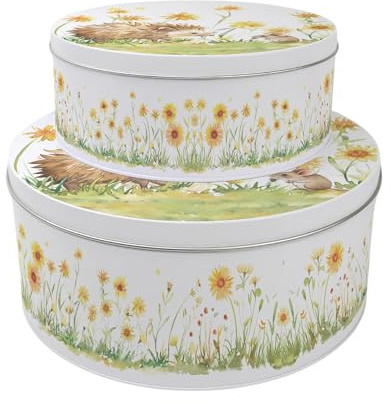 Purely Home Hedgehog & Mouse Set of 2 Cake Tins Gift - Nesting Round Large & Medium Metal Storage Containers for Cakes and Baking
