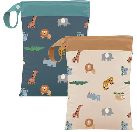 ARTEE Nasstasche für Kita-Wechselwäsche, Wasserresistent, Waschbar, mit Reißverschluss, für Kindergarten, Strand, Sport (Jungle Brown & Jungle Blue)