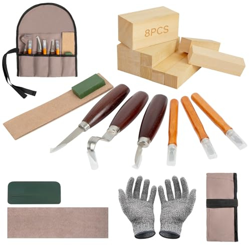 21PCS Woodworking Tools Set, Wood Whittling Kit for DIY Lovers Beginners, Including Basswood Blocks, PU Storage Bag