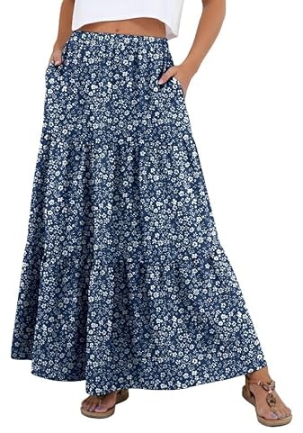 PrinStory Lange Rock Damen Sommer Mit Tasche A Linie Maxirock Boho Rocke Maxi Skirt Freizeitrock Strandkleider