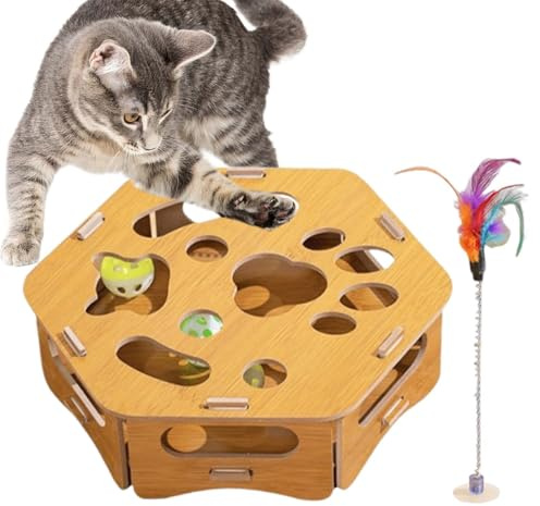 Lanmijia Anreicherungsbox Kratzpuzzles Katzen, Holz Katzennagelfeile Spielbox, Interaktives Futter Futterspielzeug Katzens für Drinnen mit 3 Glockenbällen, Kratzpuzzlespielzeug Jagdspiel Für Katzens