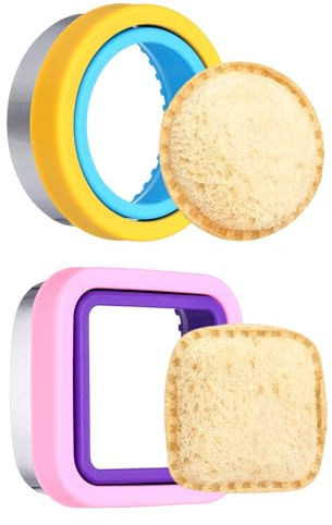 sourcing map 2 Pcs Sandwich Cutter and Sealer, Cute Cookie Cutters, Sandwich Maker Bread Decruster Lunch Accessories Square Round Shape for Lunchbox DIY Cookie Lunch, Purple/Pink/Blue/Yellow